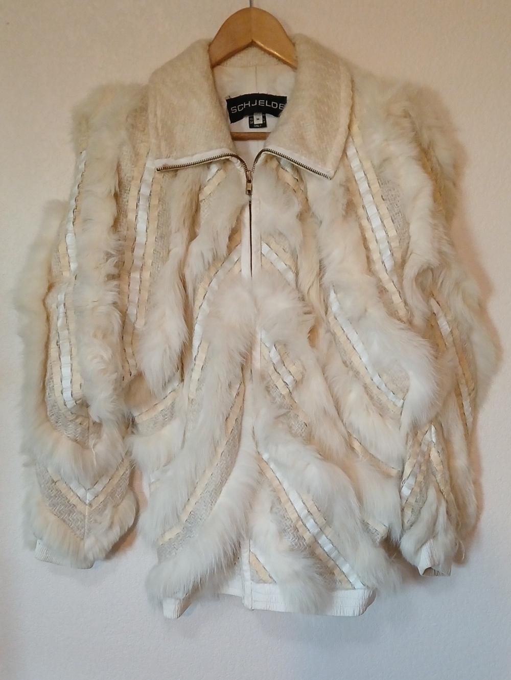Vintsge Schjelde Ribbon Stripe Fur Coat Cream Tan Full Zip 80s